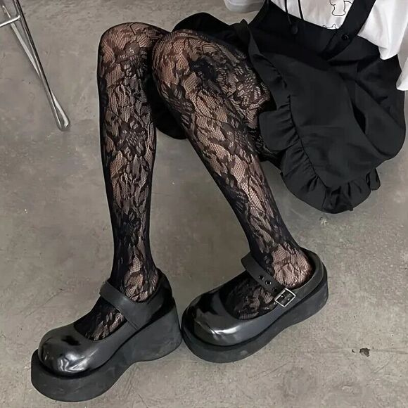 Women Black Net Stockings With Floral Pattern Sexy Match Any Outfit Tights NEW - Picture 4 of 4